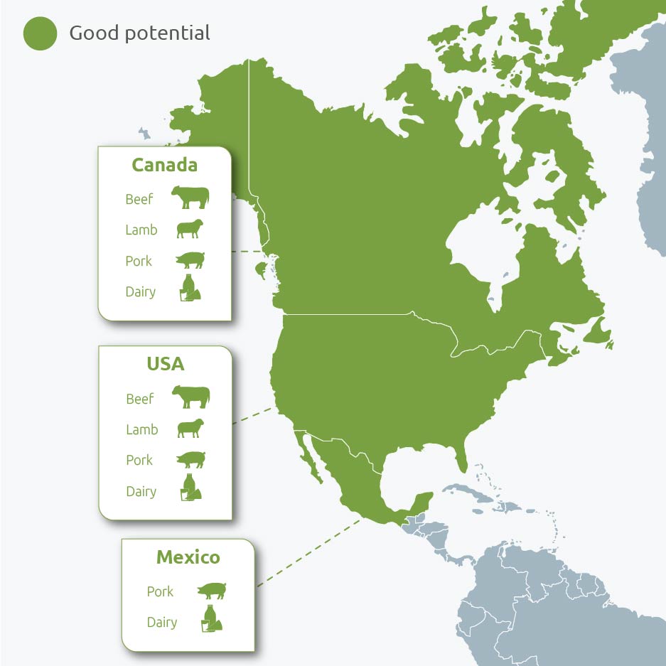 North America map with opportunities for different sectors shaded in green 